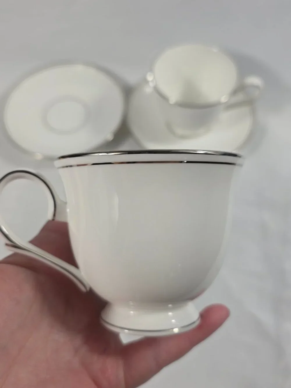 TWO Lenox Federal Platinum Cup & Saucer Sets White with Platinum Trim & Ring